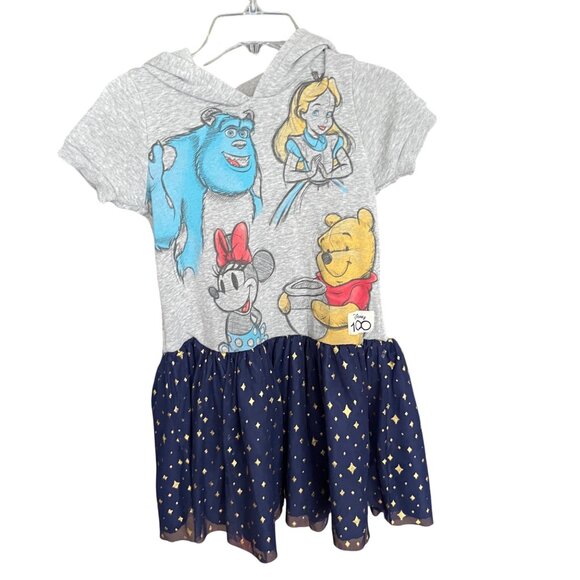 Disney 100 Girls Hooded Dress With Minnie Pooh Sulley & Alice Print Gray/Navy Go - Picture 1 of 4